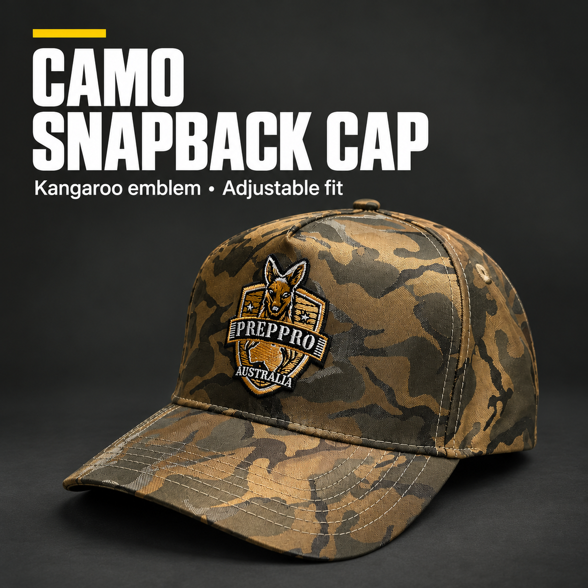 CAMO SNAPBACK CAP — Kangaroo emblem • Adjustable fit