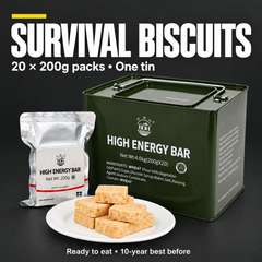 Survival biscuits, one tin containing twenty 200g packs, on charcoal background