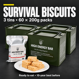 Survival biscuits, three tins containing sixty 200g packs, on charcoal background
