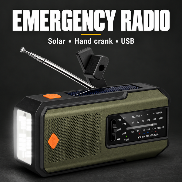 Emergency Solar Hand‑Crank Weather Radio – Torch & Power Bank