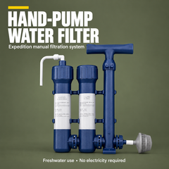 Expedition hand-pump water filter on olive background