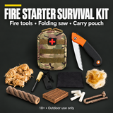 Fire starter survival kit with folding saw and carry pouch