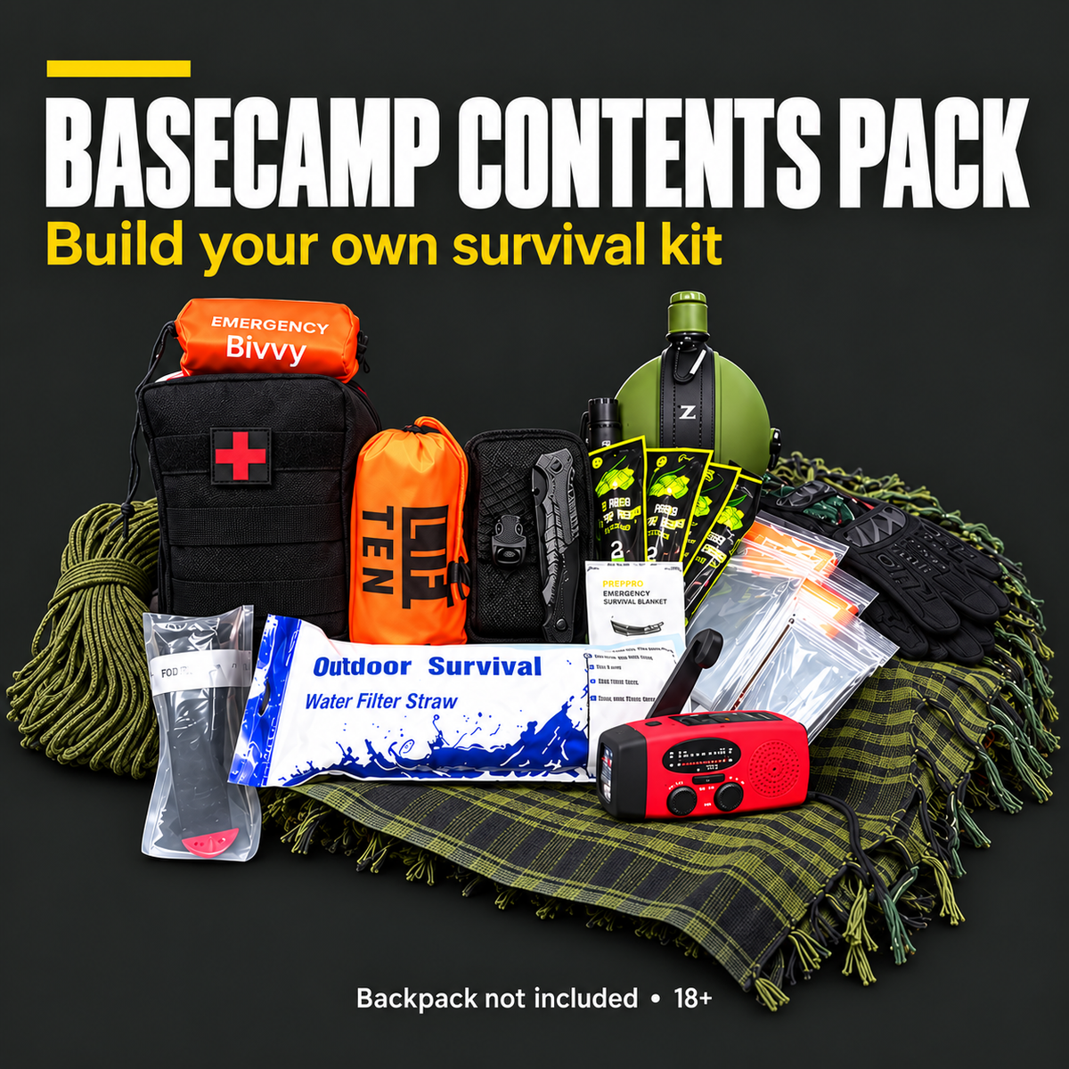 Basecamp survival contents pack — backpack not included