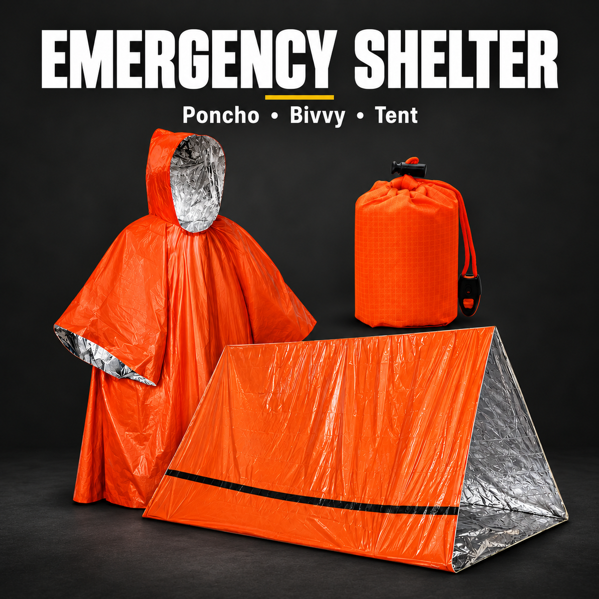 3-Piece Emergency Shelter Survival Set – Poncho, Bivvy & Tent Kit