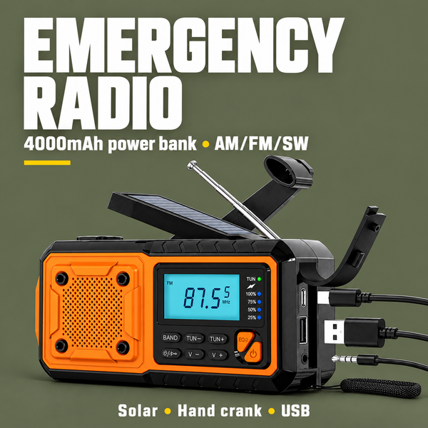 5-in-1 Emergency Solar Hand Crank Radio with 4000mAh Power Bank - AM/FM/SW Weather Radio (Orange/Black)