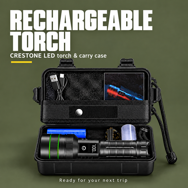 CRESTONE Super Bright Rechargeable LED Flashlight - Long Range Tactical Torch