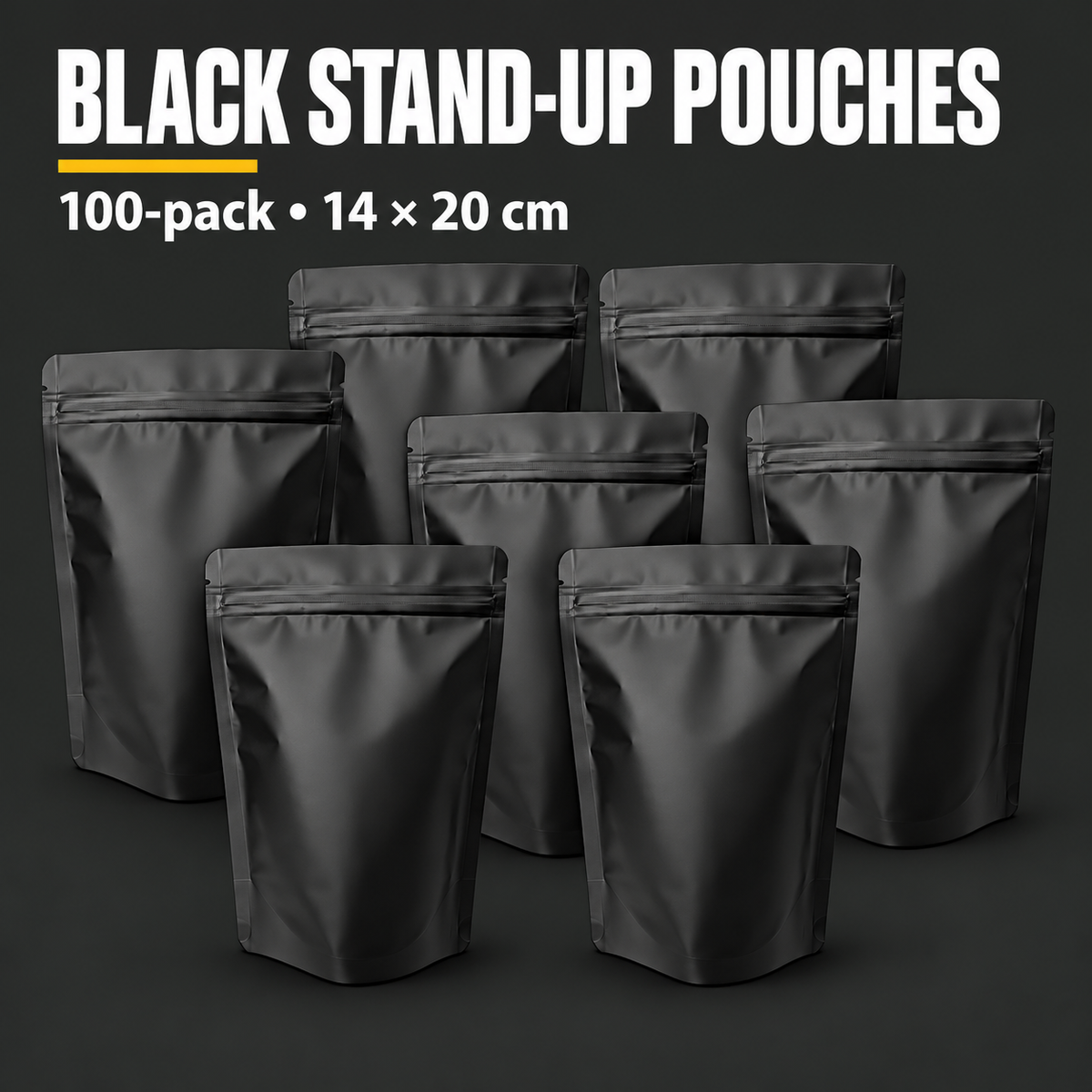 100 Pack Matte Black Mylar Stand-Up Food Storage Bags - 14 x 20cm — charcoal product hero