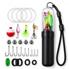 Compact fishing tackle kit contents laid out on a clean white background