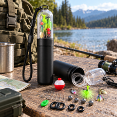 Compact fishing kit beside a backpack at a mountain lake