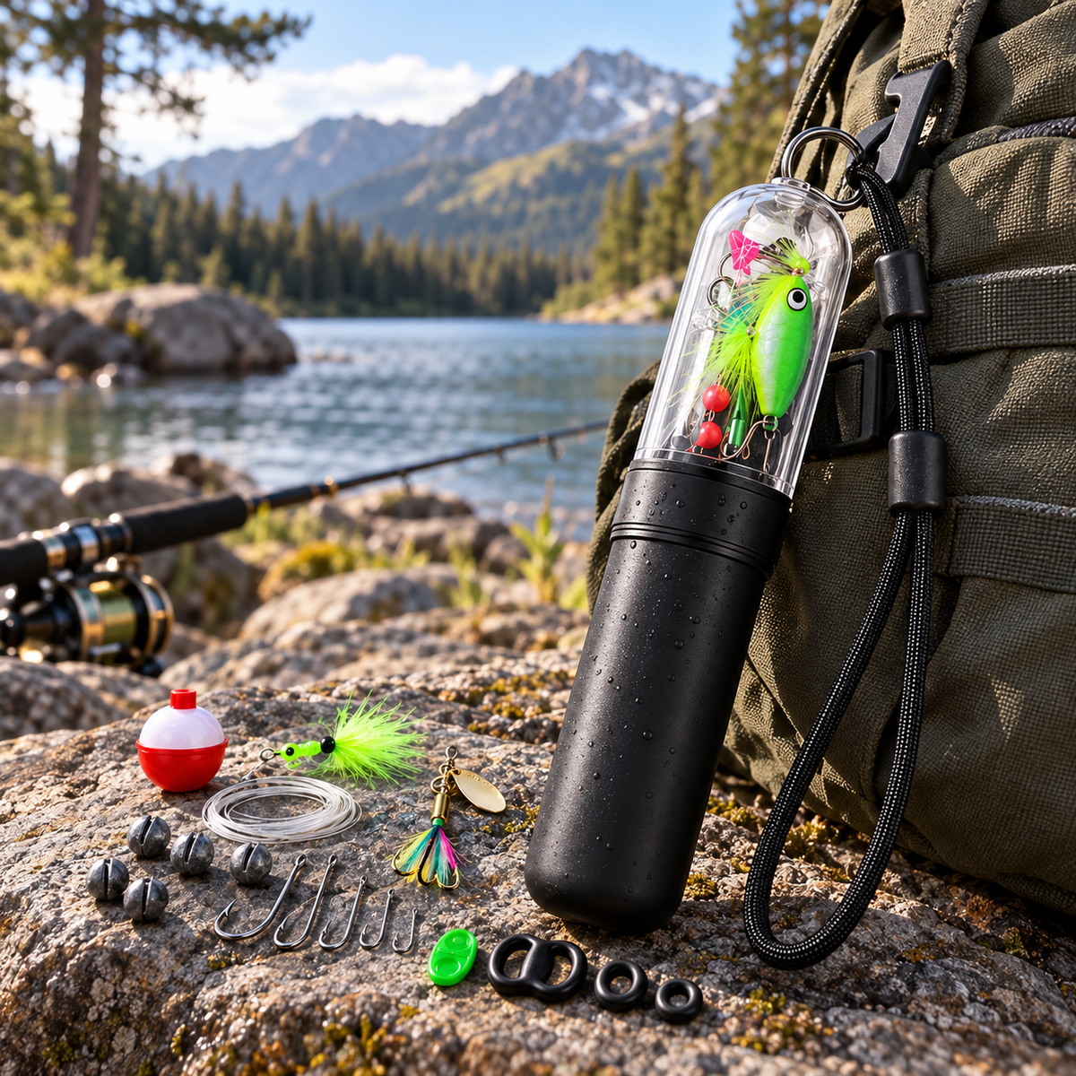 Compact waterproof fishing tackle kit set up beside a mountain lake