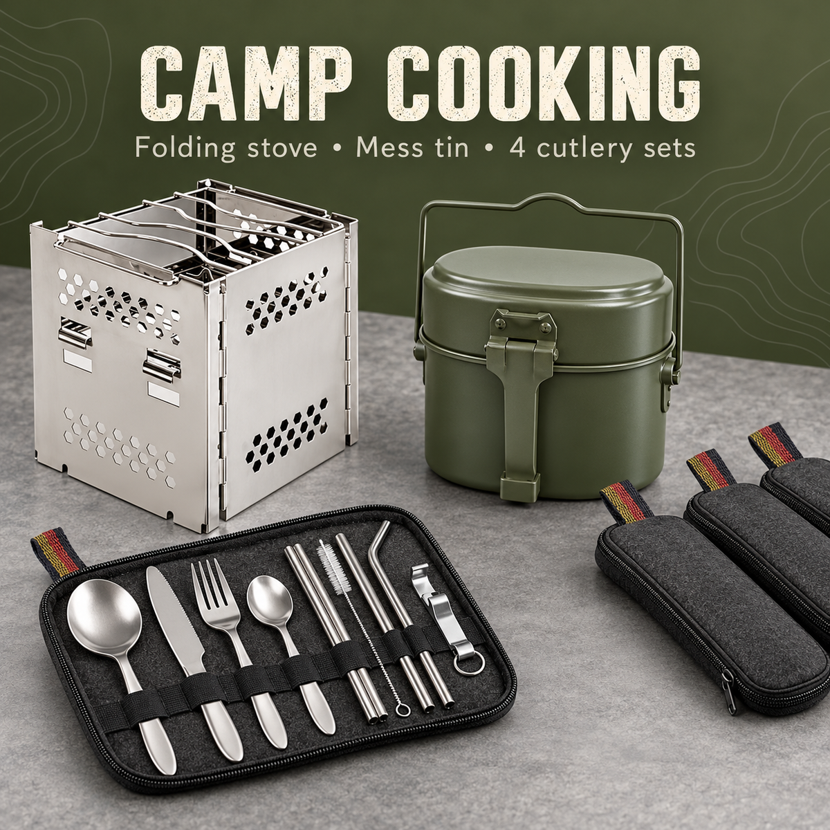 Family kit folding stove, olive mess tin and four portable cutlery sets