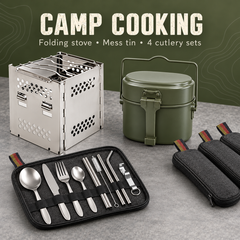 Family kit folding stove, olive mess tin and four portable cutlery sets