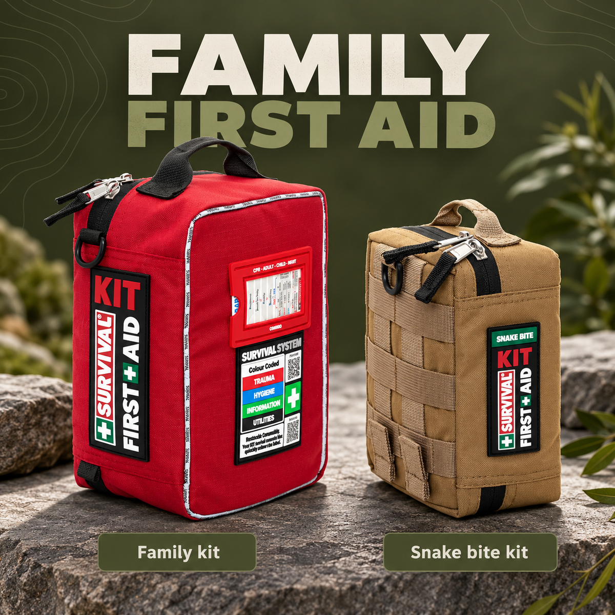 Family kit red SURVIVAL first aid bag and tan snake bite kit