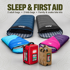 Two adult and two kids sleeping bags with family and snake bite first aid kits