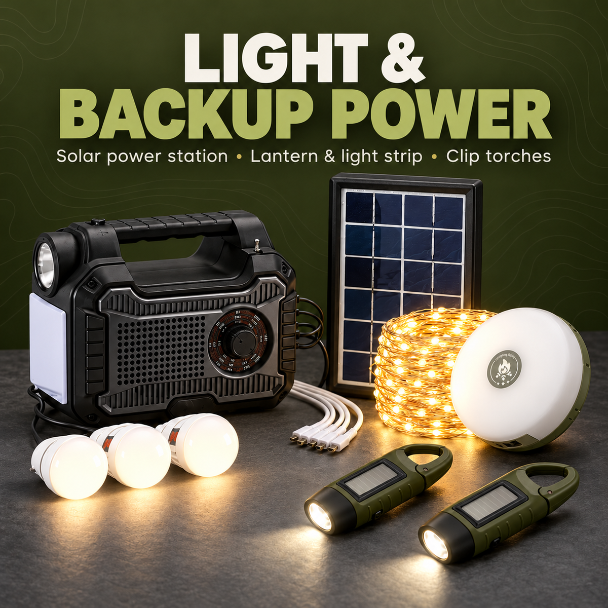 Family kit solar power station, lantern light strip and two clip torches