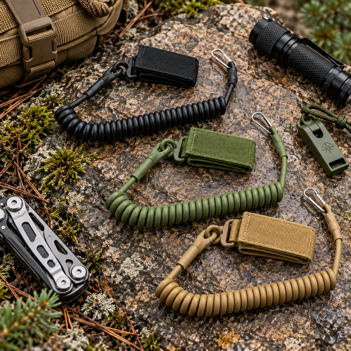 Black olive and tan gear lanyards in an outdoor setting