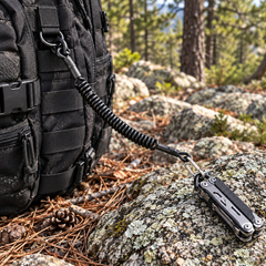 Gear lanyard securing a multitool outdoors
