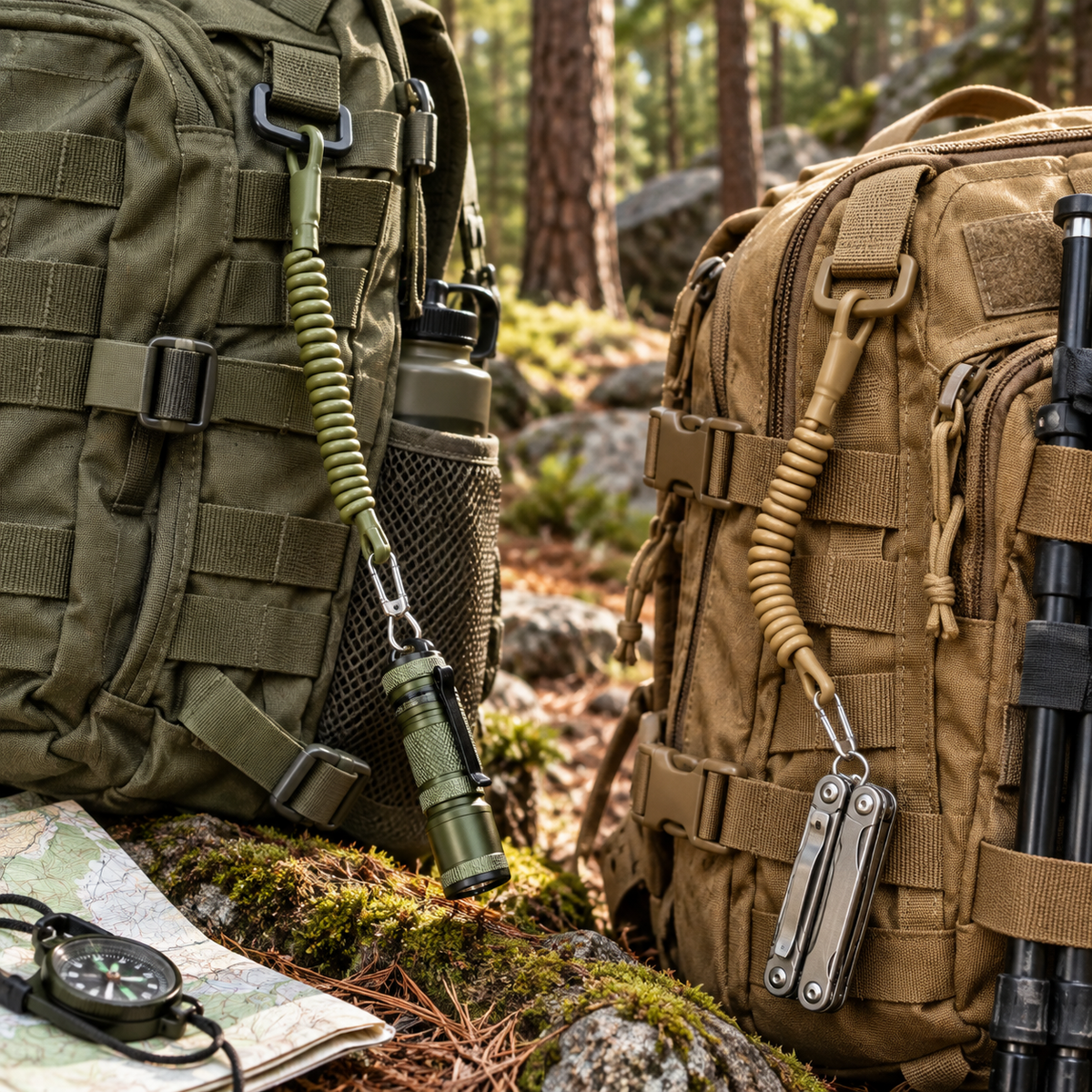 Olive and tan gear lanyards attached to outdoor packs