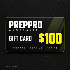 PrepPro Australia $100 gift card — black, olive and yellow topographic design