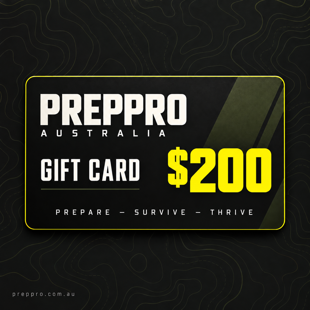 PrepPro Australia $200 gift card — black, olive and yellow topographic design