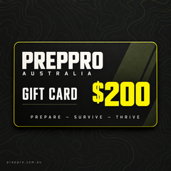 PrepPro Australia $200 gift card — black, olive and yellow topographic design