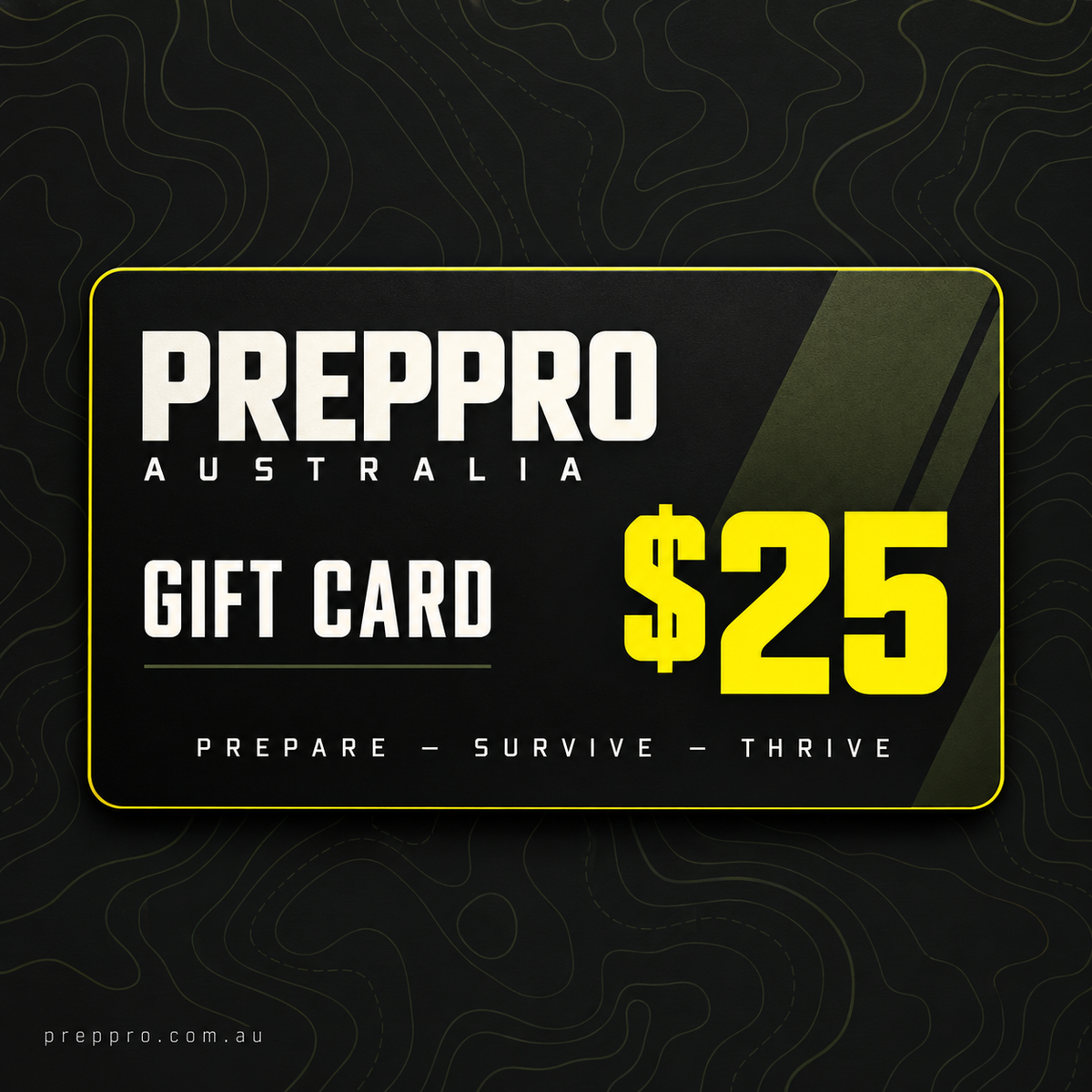 PrepPro Australia $25 gift card — black, olive and yellow topographic design