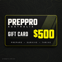 PrepPro Australia $500 gift card — black, olive and yellow topographic design