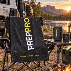 PrepPro Microfibre Adventure Towel at a lakeside campsite