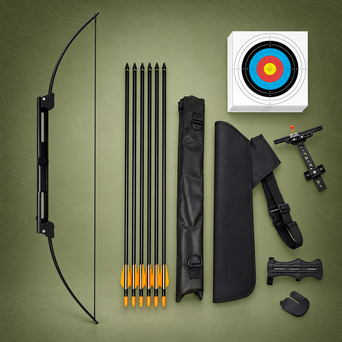 Black folding bow kit with six arrows, carry accessories, sight, arm guard, finger tab and paper targets.