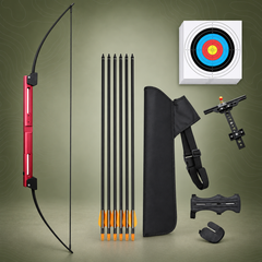 Red folding bow kit with six arrows and archery accessories on an olive background.