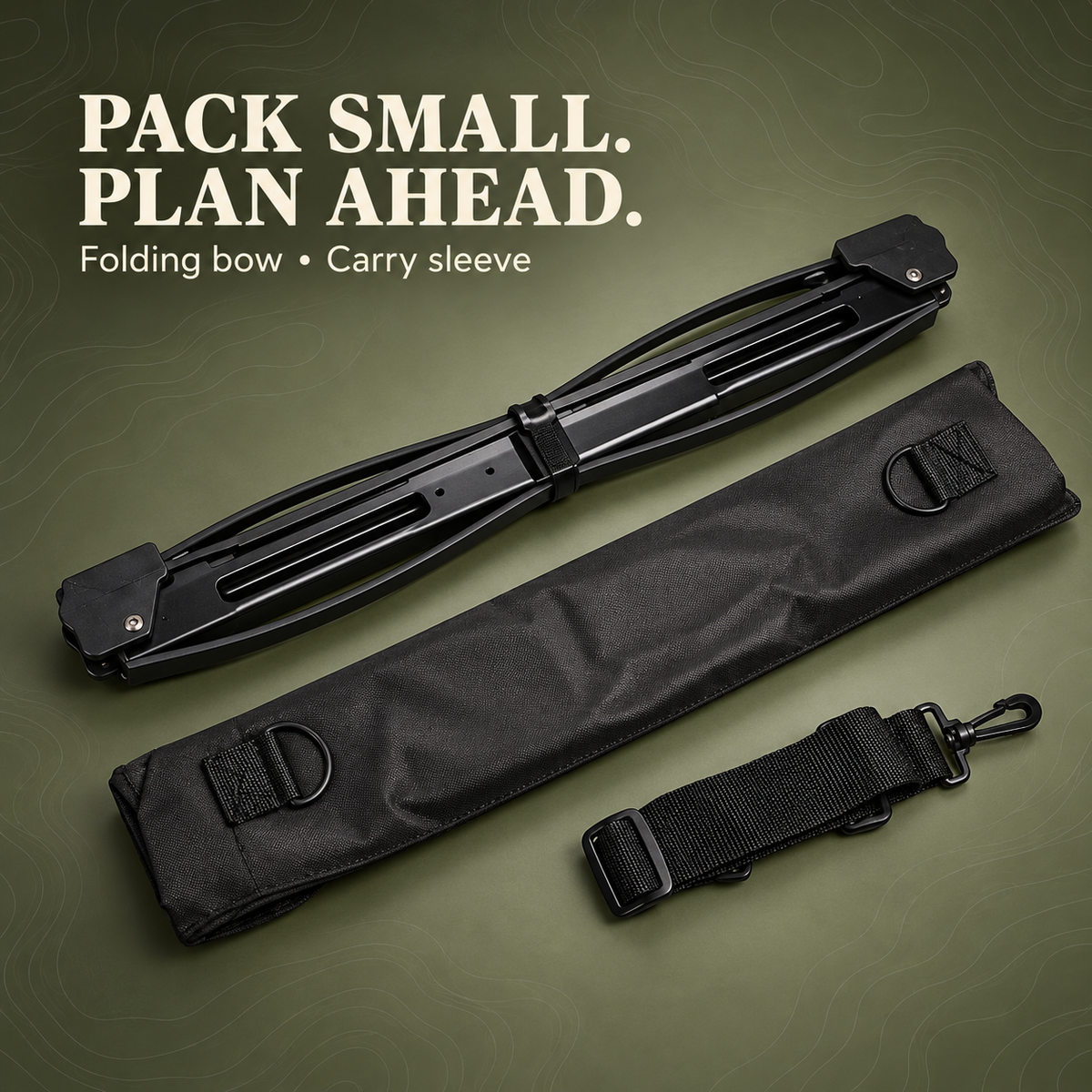 Folded black bow alongside its carry sleeve and strap.