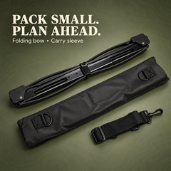 Folded black bow alongside its carry sleeve and strap.