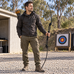 Adult man in charcoal outdoor jacket and olive cargo trousers holding a black folding bow at an archery range.