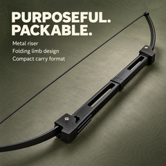 Close-up of the folding bow's slotted metal riser and limb mounts.