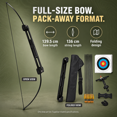 Open and folded views of one bow with supplier-listed bow and string lengths.