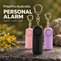 PrepPro Australia personal alarm with LED light in black, pink and purple