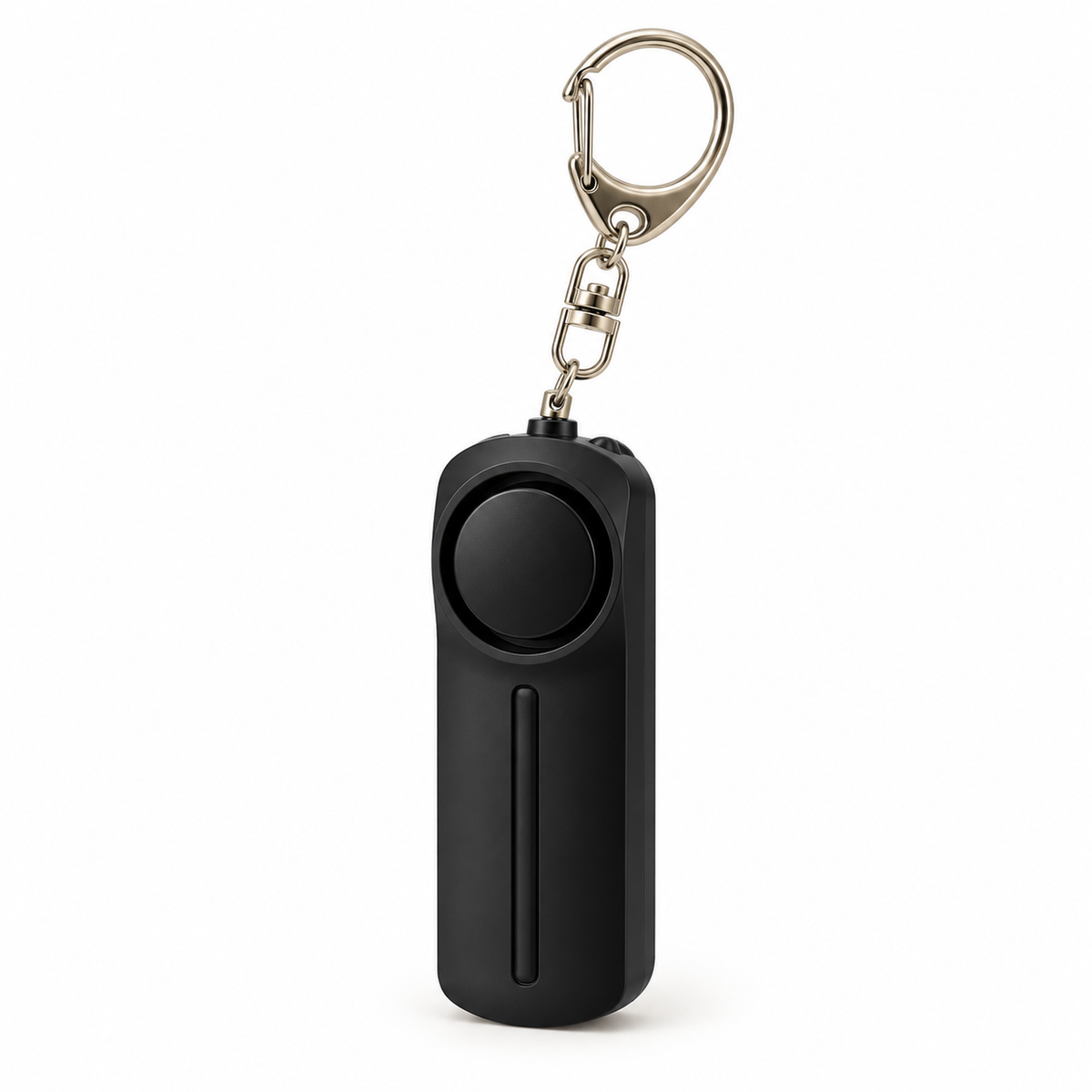 Black pull-pin personal alarm with metal keyring clasp on a white background