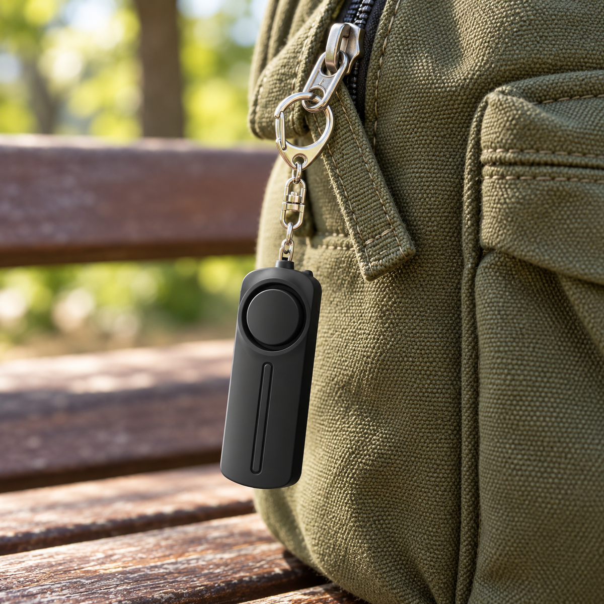 Black personal alarm clipped to an olive backpack