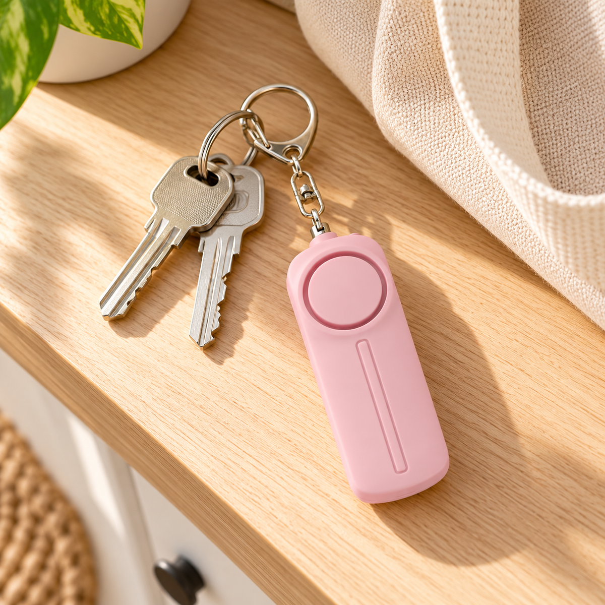 Pink personal alarm with house keys on an entryway table
