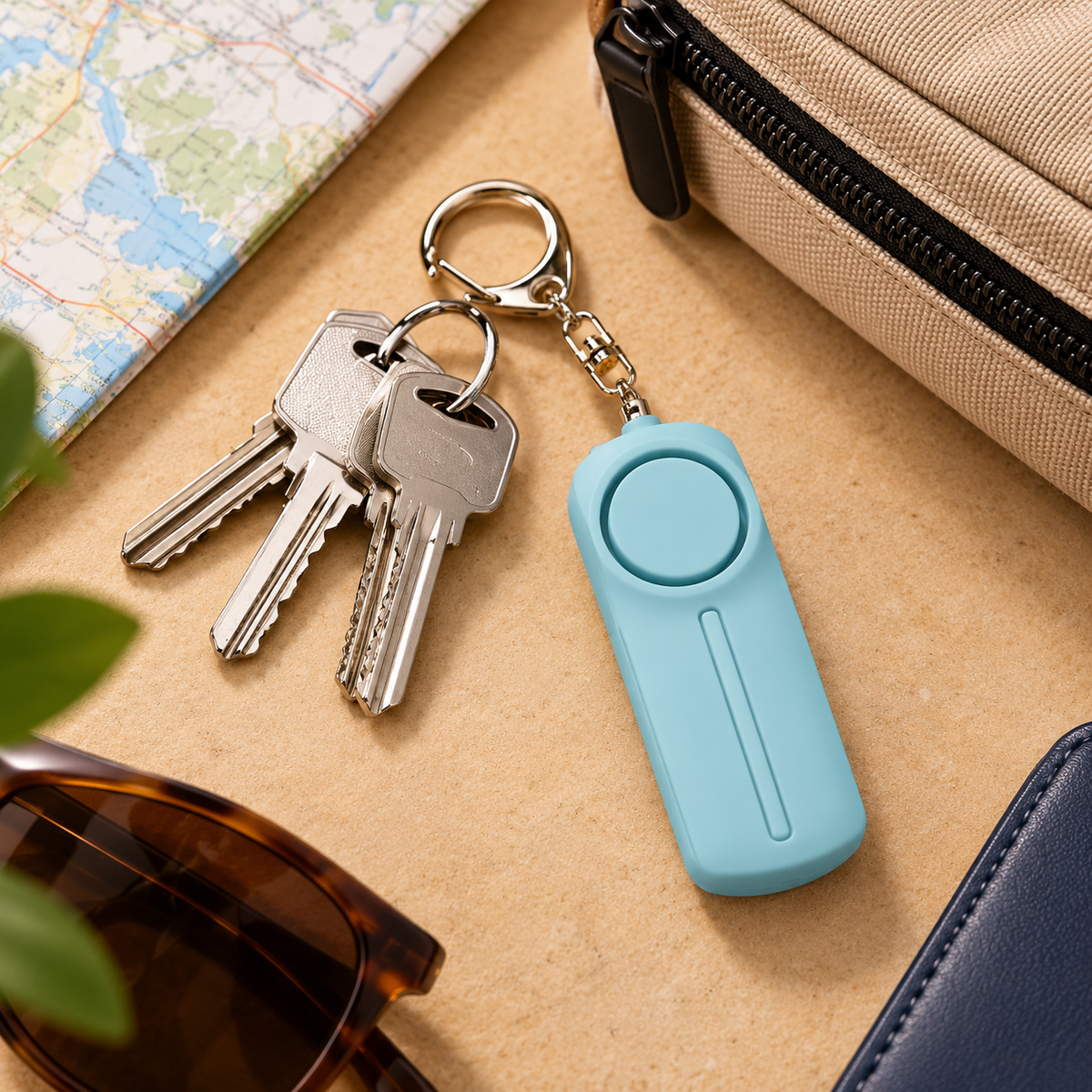 Blue personal alarm beside keys and a travel pouch
