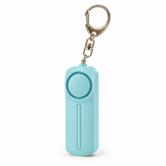 Blue personal alarm keyring with LED light on a white background