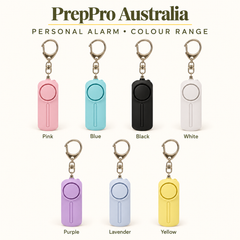 PrepPro personal alarm colour range: Pink, Blue, Black, White, Purple, Lavender and Yellow