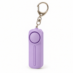 Purple personal alarm keyring with LED light on a white background