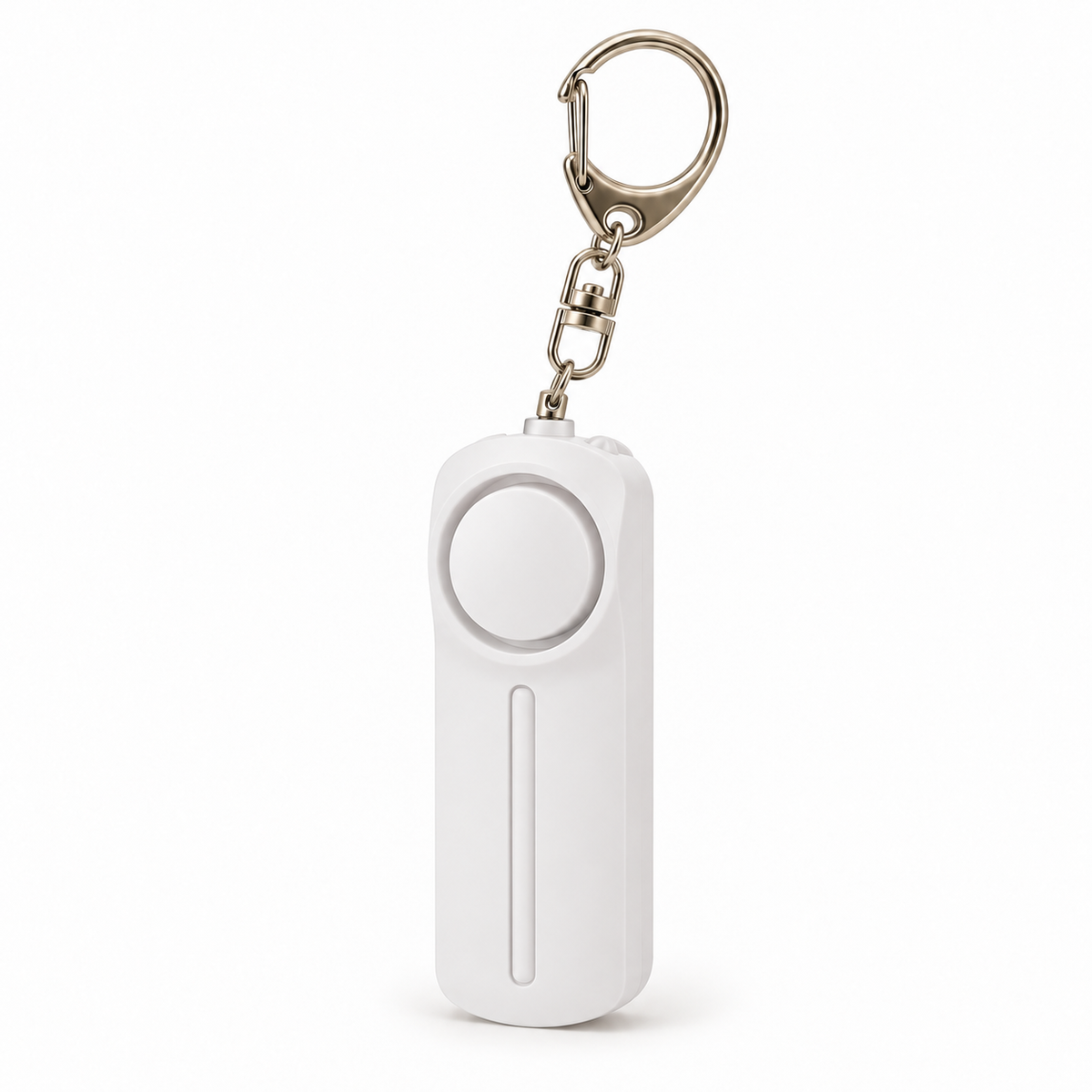 White personal alarm keyring with LED light on a white background