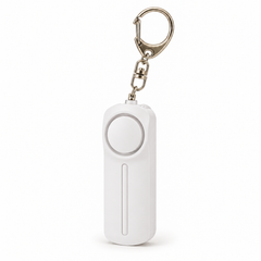 White personal alarm keyring with LED light on a white background