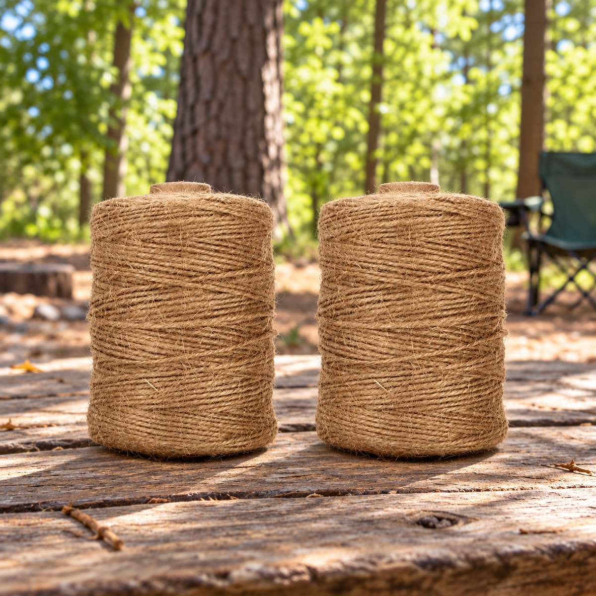 Natural Jute Twine - 2 x 152m Rolls (304m Total) on a woodland picnic table