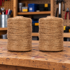 Natural Jute Twine - 2 x 152m Rolls (304m Total) on a garage workbench