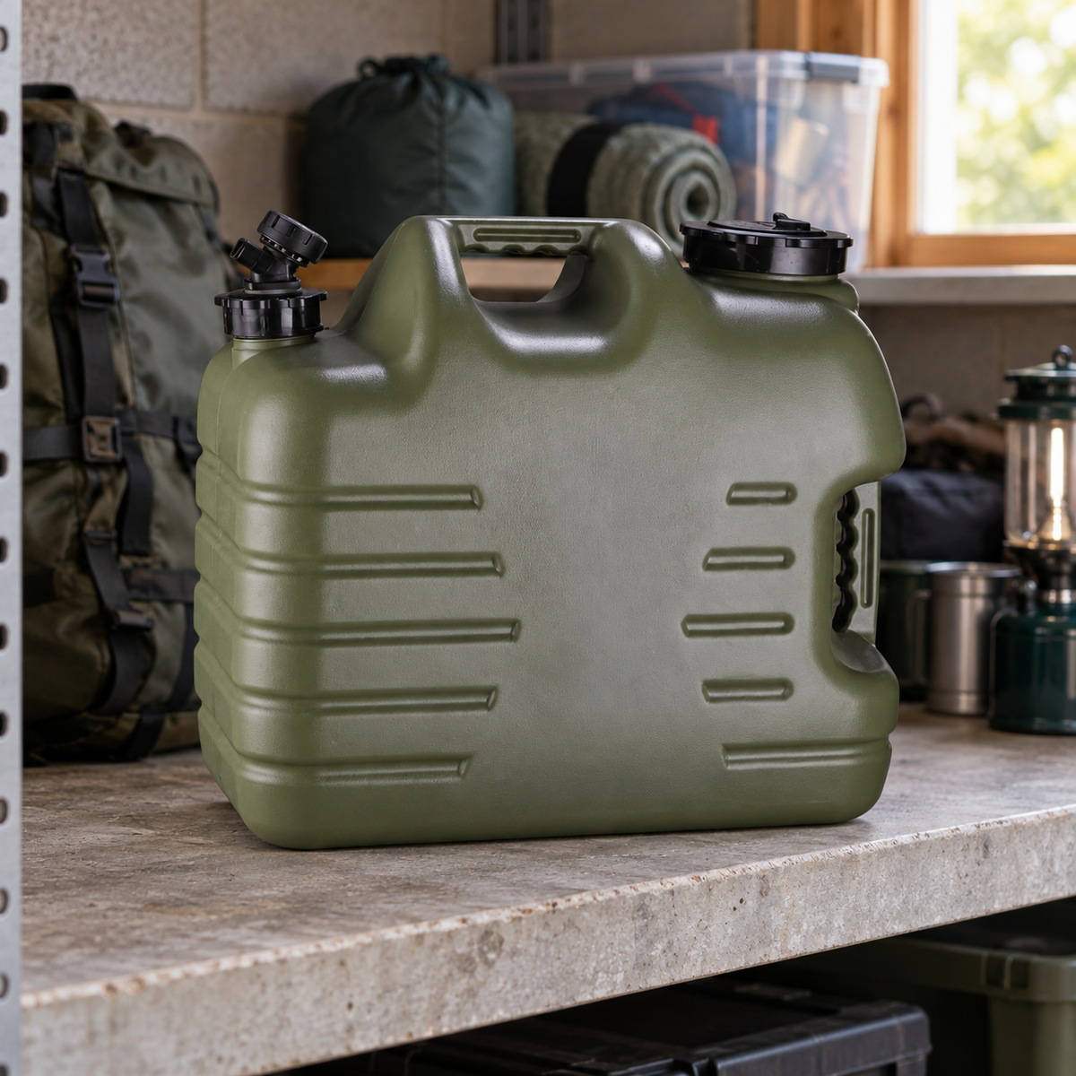 25L Portable Water Jerry Can in a garage camping-gear storage setting