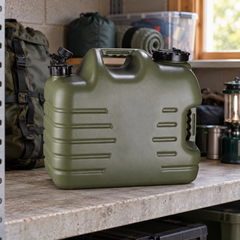 25L Portable Water Jerry Can in a garage camping-gear storage setting