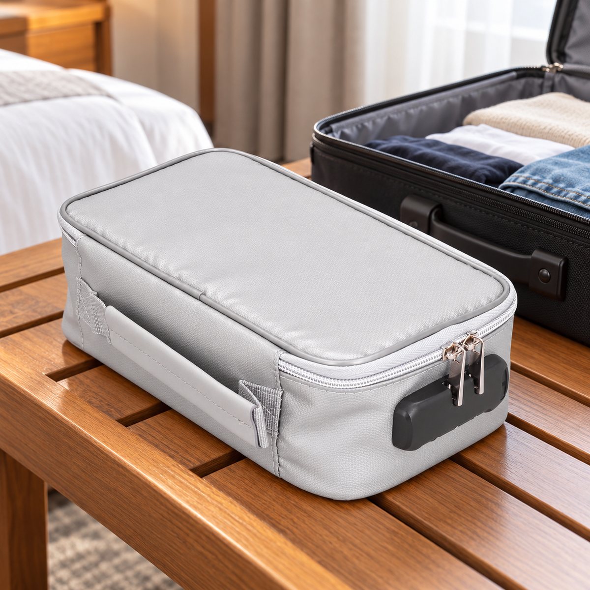 Fireproof & Waterproof Document Storage Bag with Combination Lock — hotel packing bench